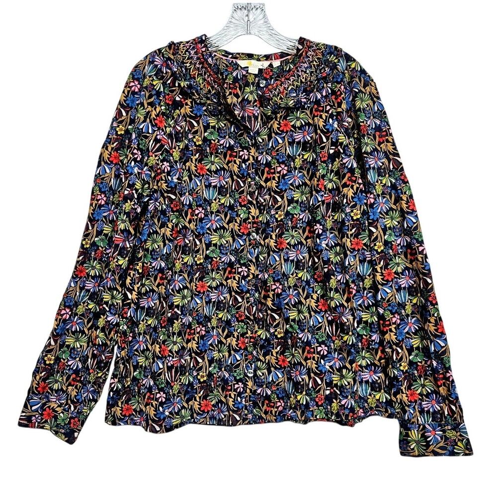 Boden Button Up Long Sleeve Blouse Embroidered Yoke Wildflower Print Navy US 12